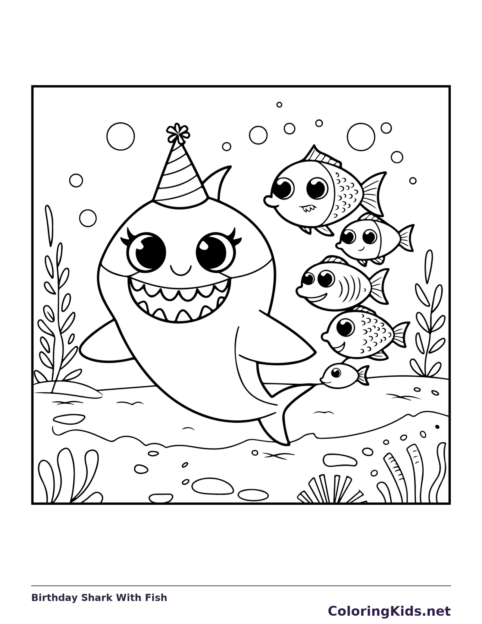 Birthday Shark With Fish shark coloring page, black and white line art to print or color online