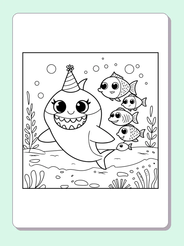 Birthday Shark With Fish shark coloring page, black and white line art to print or color online