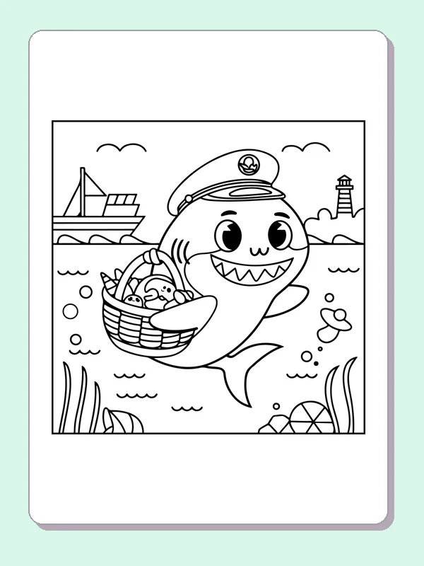 Captain Shark With A Basket shark coloring page, black and white line art to print or color online