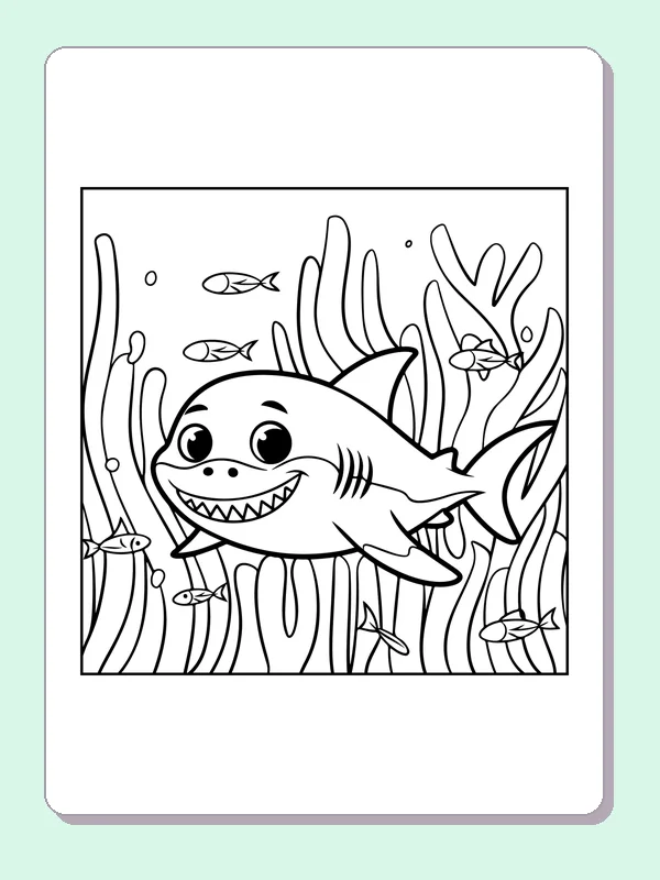 Shark Among Tall Sea Plants shark coloring page, black and white line art to print or color online