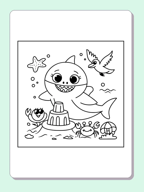 Shark And Crabs At The Beach shark coloring page, black and white line art to print or color online