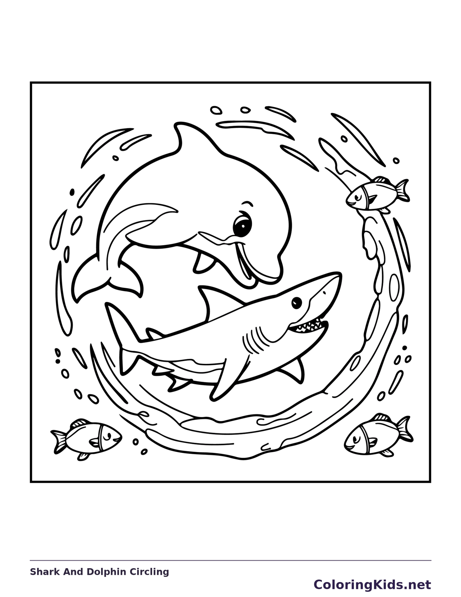 Shark And Dolphin Circling shark coloring page, black and white line art to print or color online