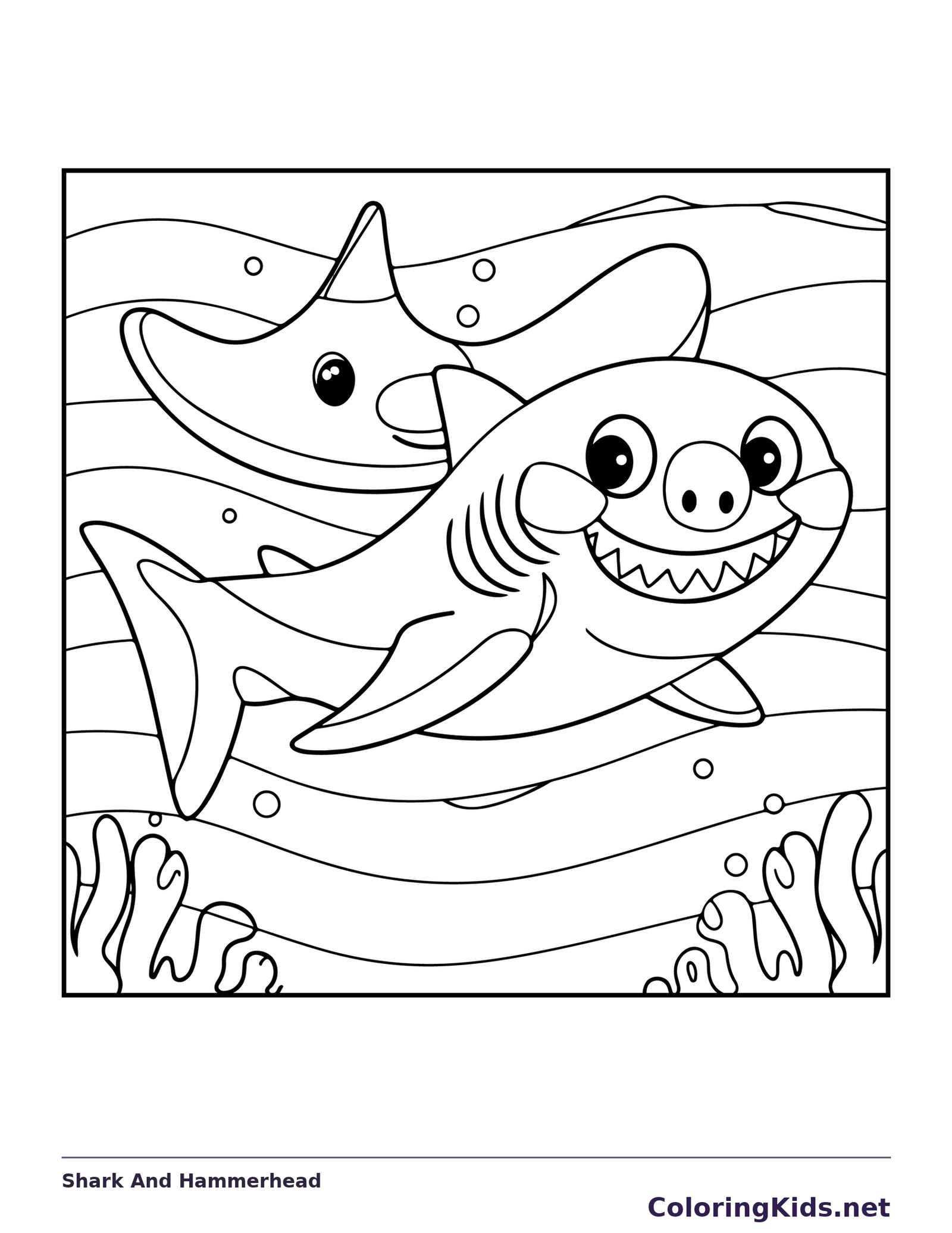 Shark And Hammerhead shark coloring page, black and white line art to print or color online