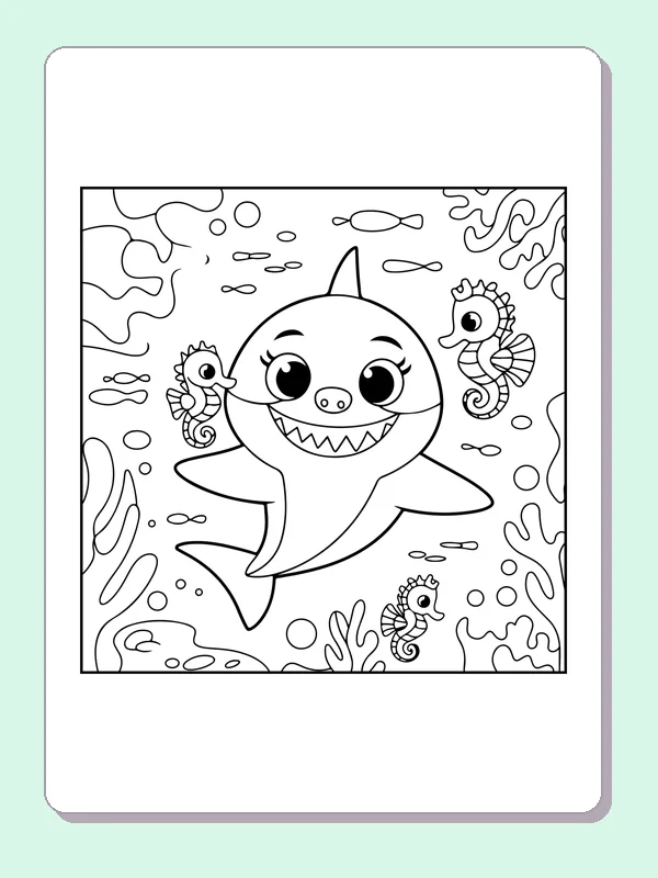 Shark And Two Seahorses shark coloring page, black and white line art to print or color online