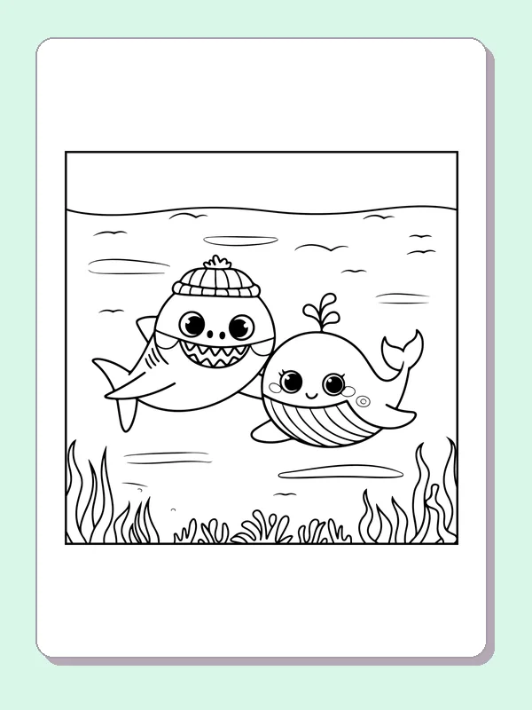 Shark And Whale In Winter Hats shark coloring page, black and white line art to print or color online