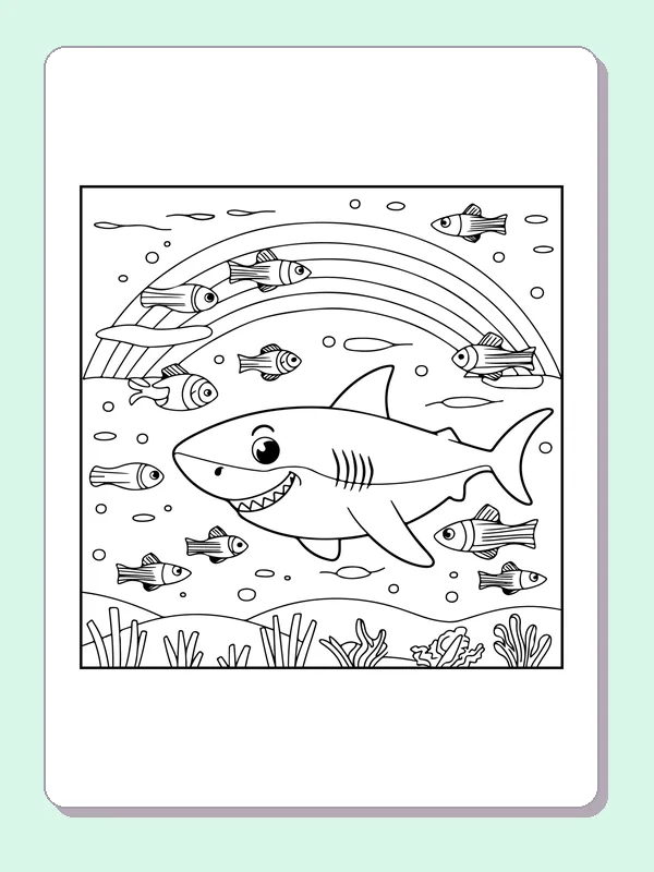 Shark Below Curved Water Bands shark coloring page, black and white line art to print or color online