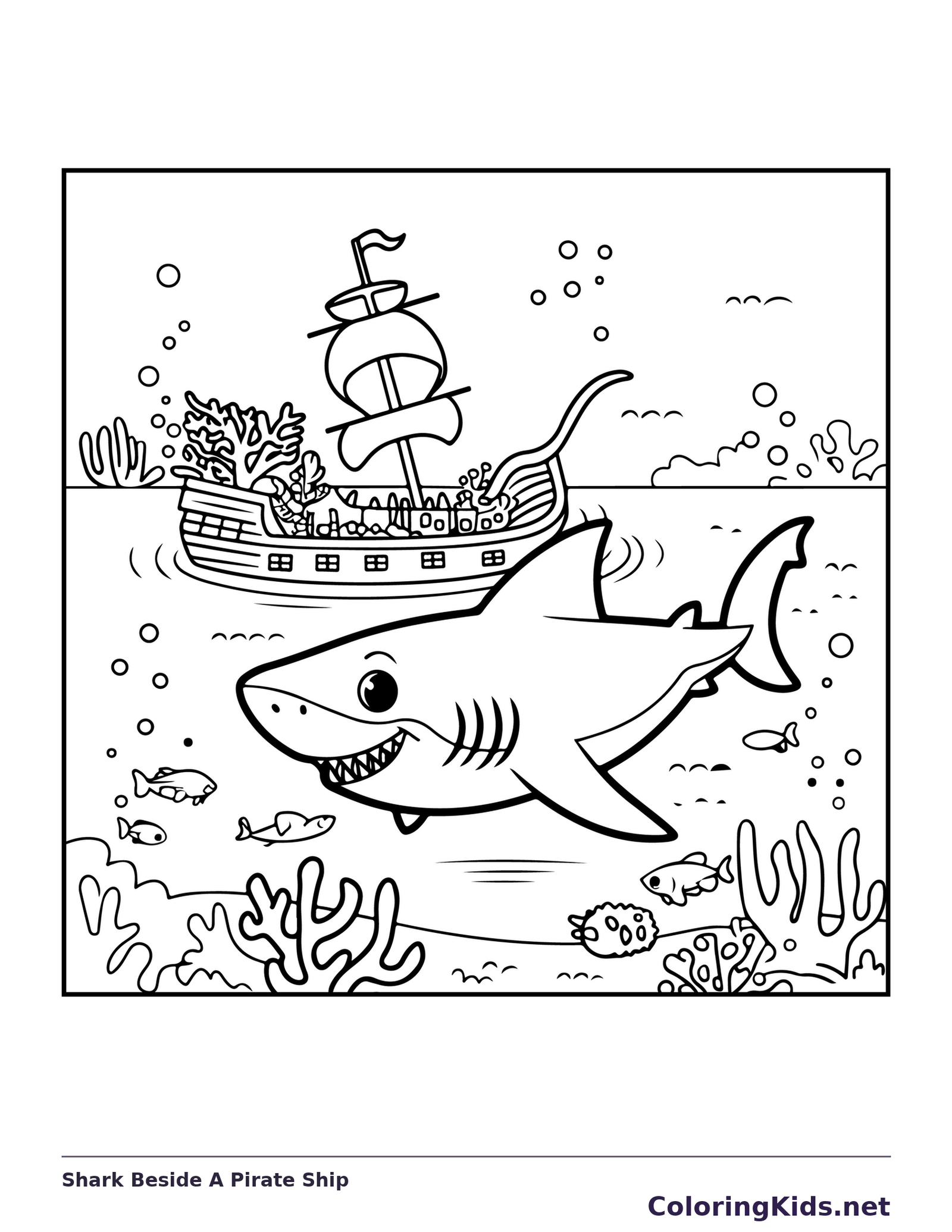 Shark Beside A Pirate Ship shark coloring page, black and white line art to print or color online