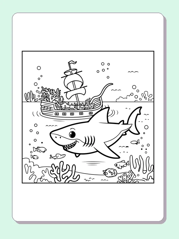 Shark Beside A Pirate Ship shark coloring page, black and white line art to print or color online