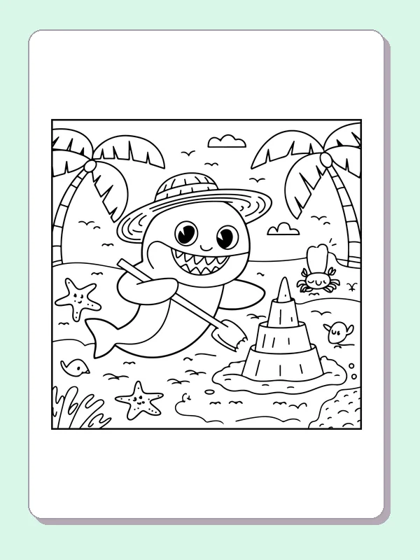 Shark Beside A Sandcastle shark coloring page, black and white line art to print or color online