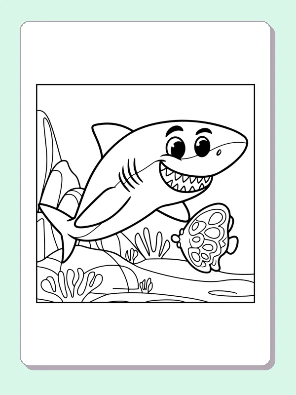 Shark Finding A Seashell shark coloring page, black and white line art to print or color online