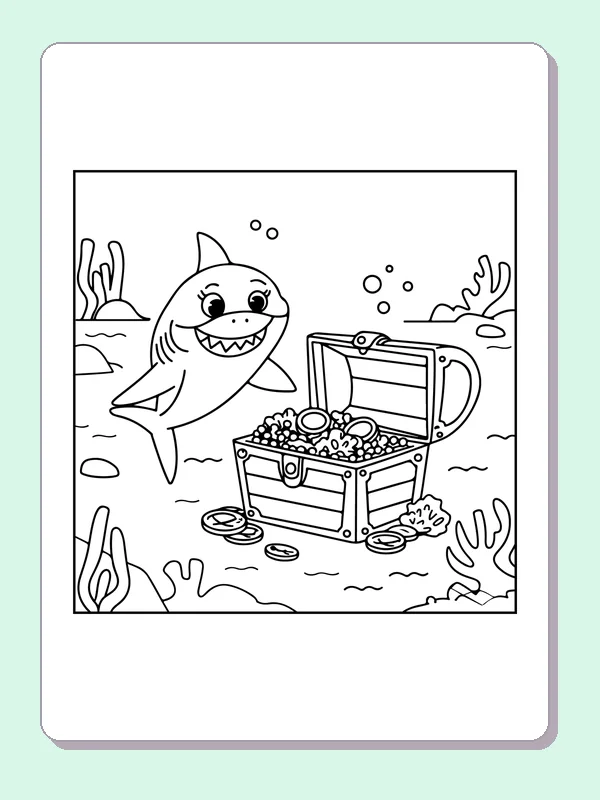 Shark Finding A Treasure Chest shark coloring page, black and white line art to print or color online