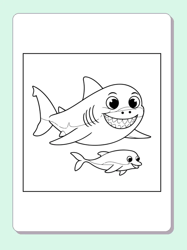 Shark Followed By A Small Fish shark coloring page, black and white line art to print or color online