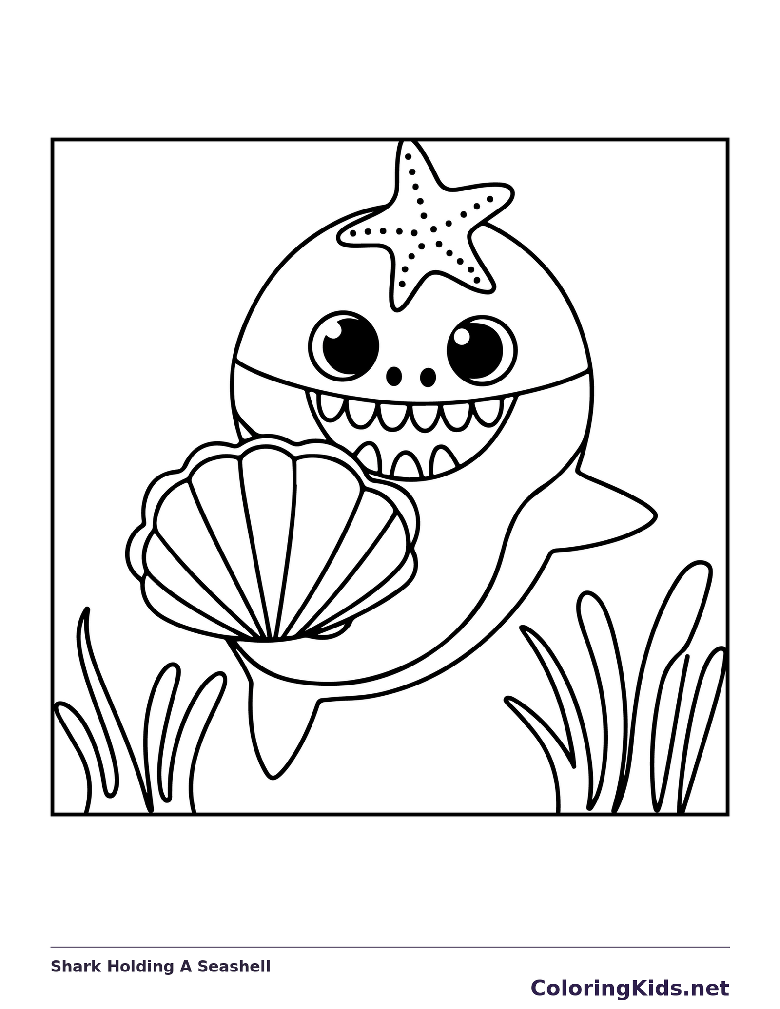 Shark Holding A Seashell shark coloring page, black and white line art to print or color online