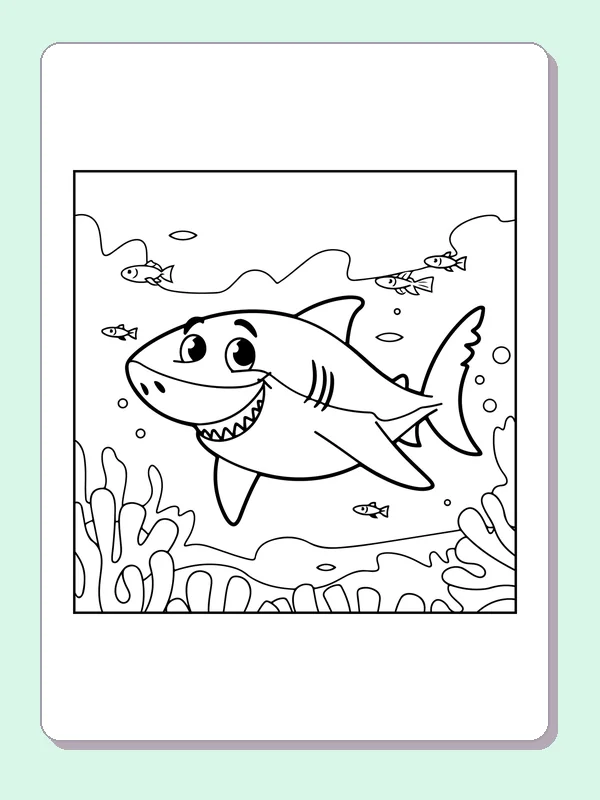 Shark In A Coral Garden shark coloring page, black and white line art to print or color online