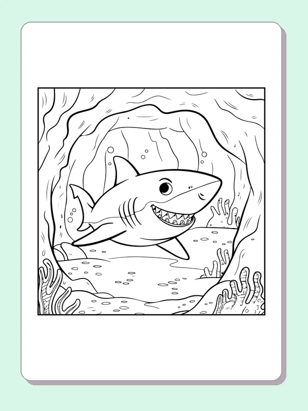 Shark In An Underwater Cave shark coloring page, black and white line art to print or color online