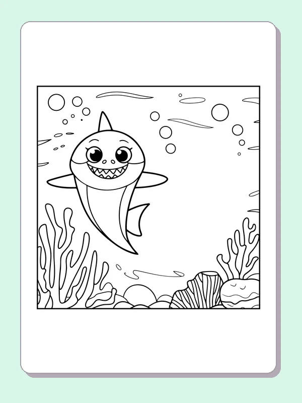 Shark In Open Water shark coloring page, black and white line art to print or color online