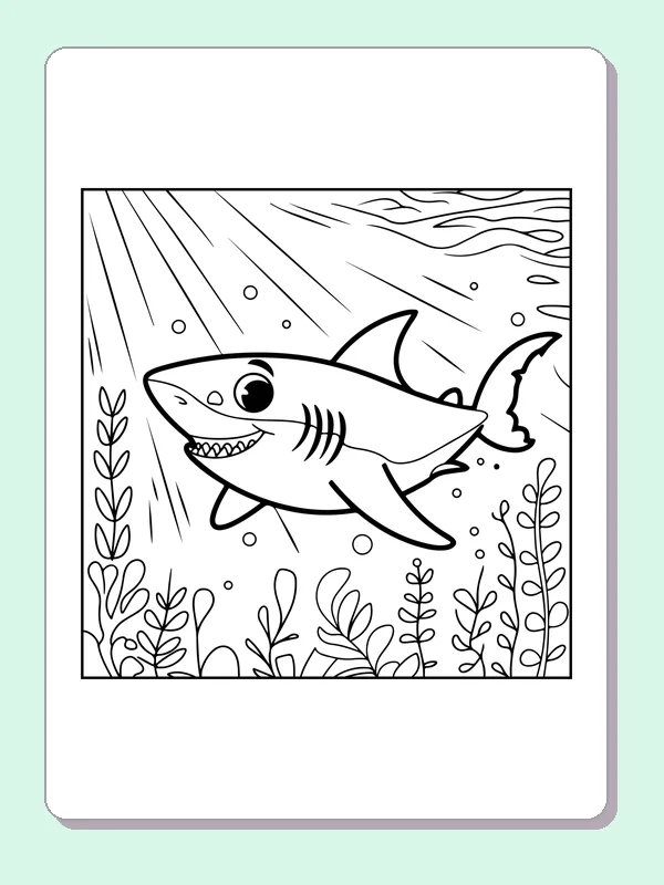 Shark In Sunlit Water shark coloring page, black and white line art to print or color online