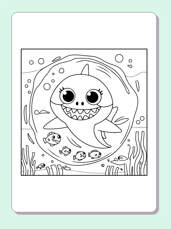 Shark Inside A Big Bubble shark coloring page, black and white line art to print or color online
