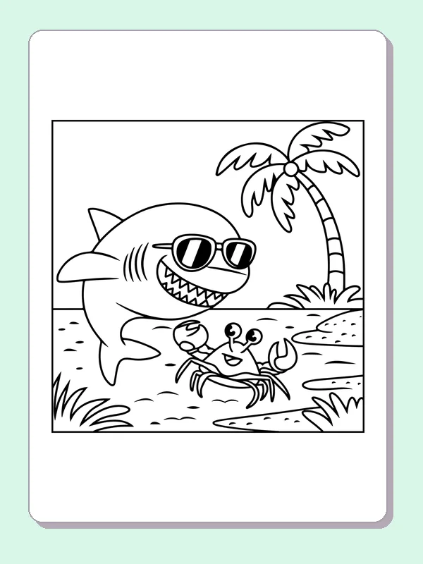 Shark Meeting A Beach Crab shark coloring page, black and white line art to print or color online