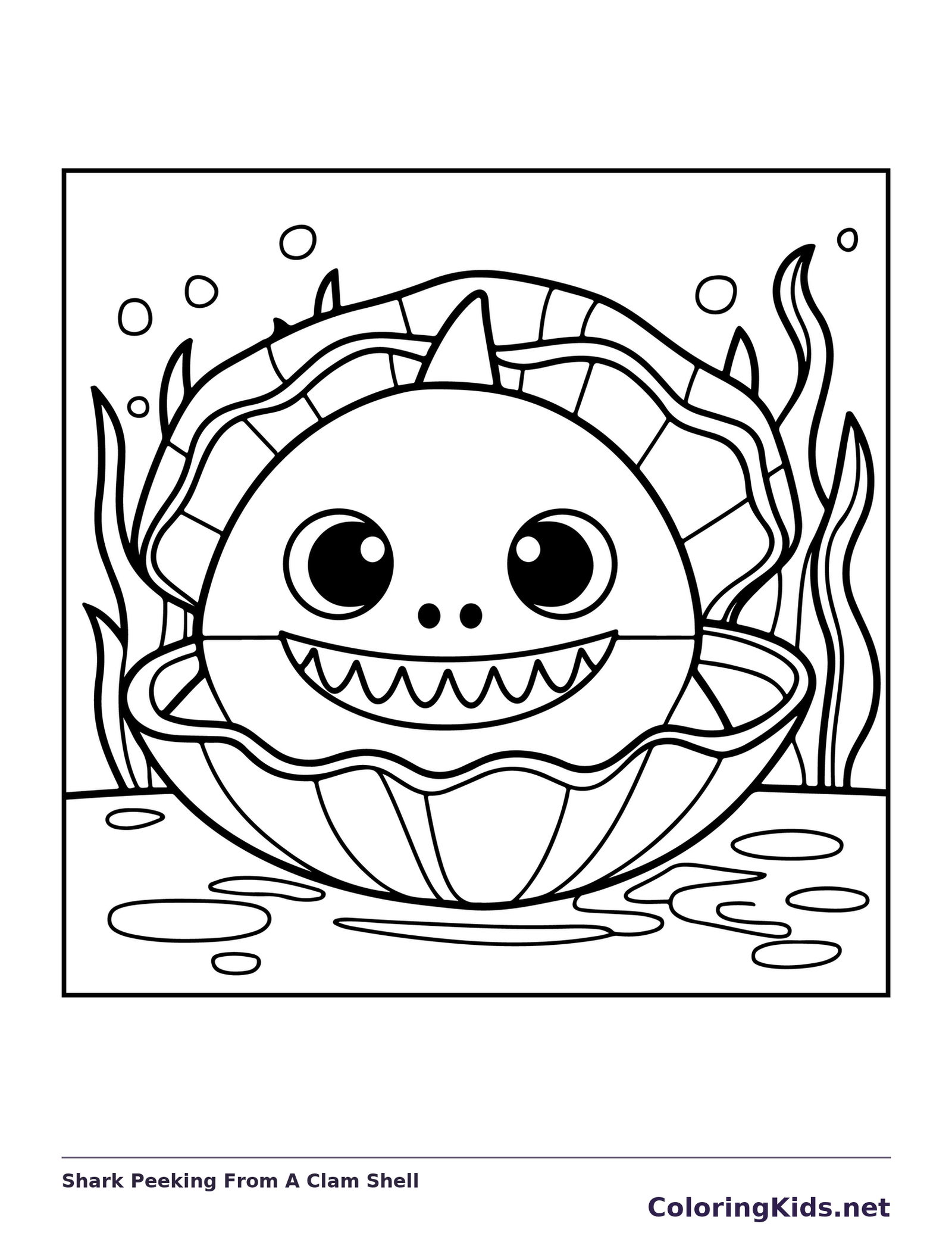 Shark Peeking From A Clam Shell shark coloring page, black and white line art to print or color online