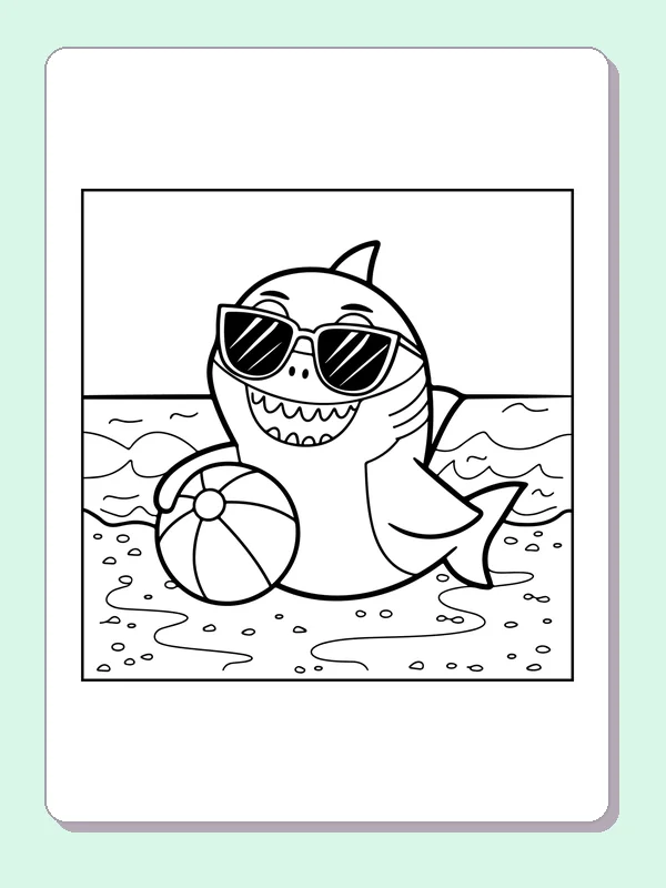 Shark Playing Beach Ball shark coloring page, black and white line art to print or color online