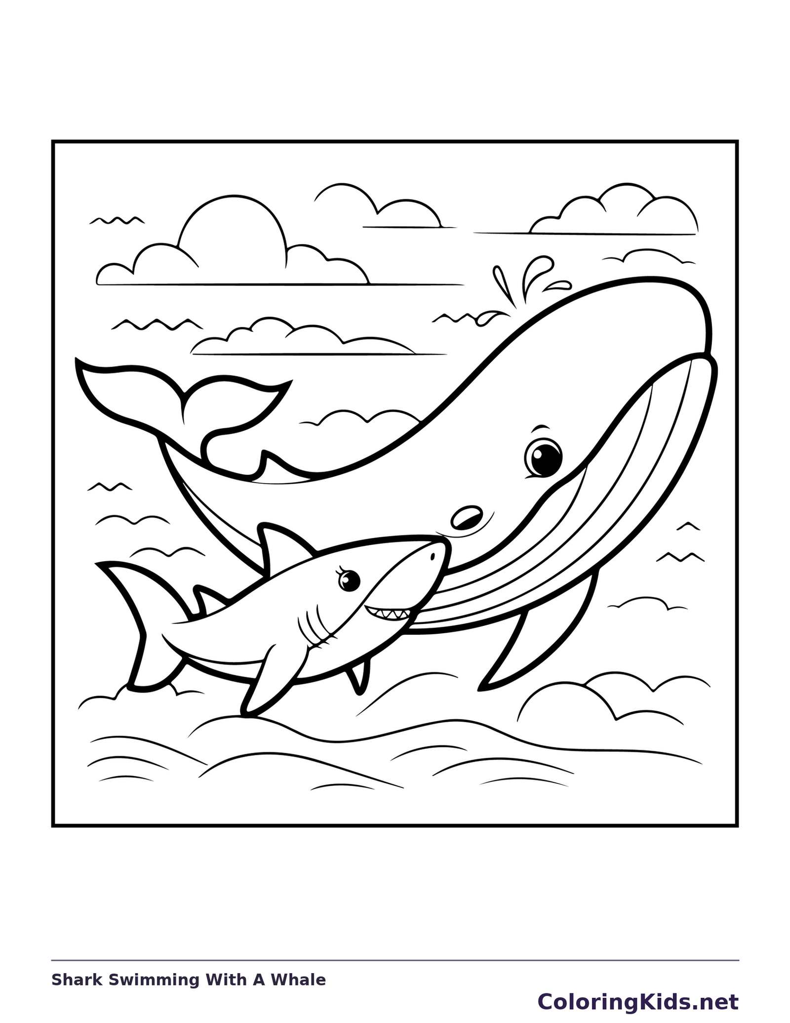 Shark Swimming With A Whale shark coloring page, black and white line art to print or color online