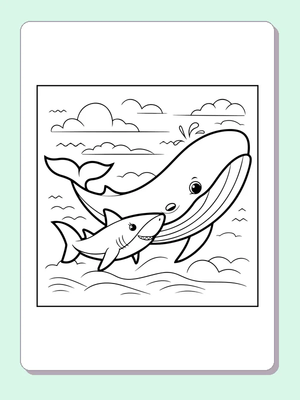 Shark Swimming With A Whale shark coloring page, black and white line art to print or color online