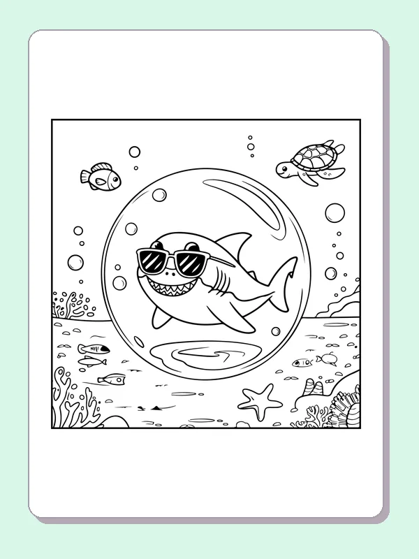 Shark Wearing Sunglasses shark coloring page, black and white line art to print or color online