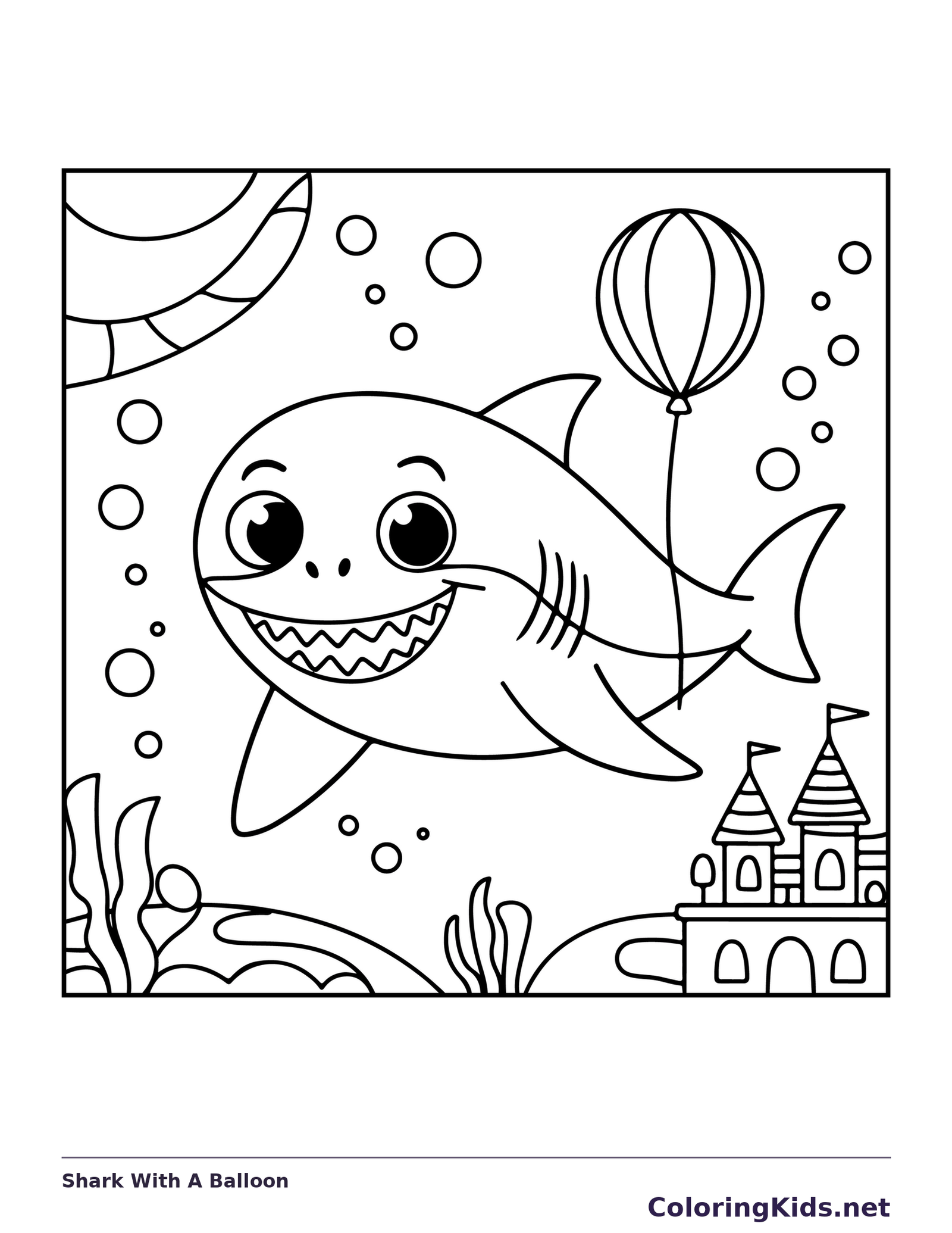 Shark With A Balloon shark coloring page, black and white line art to print or color online