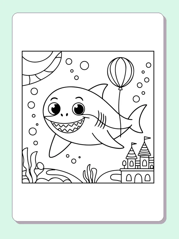Shark With A Balloon shark coloring page, black and white line art to print or color online