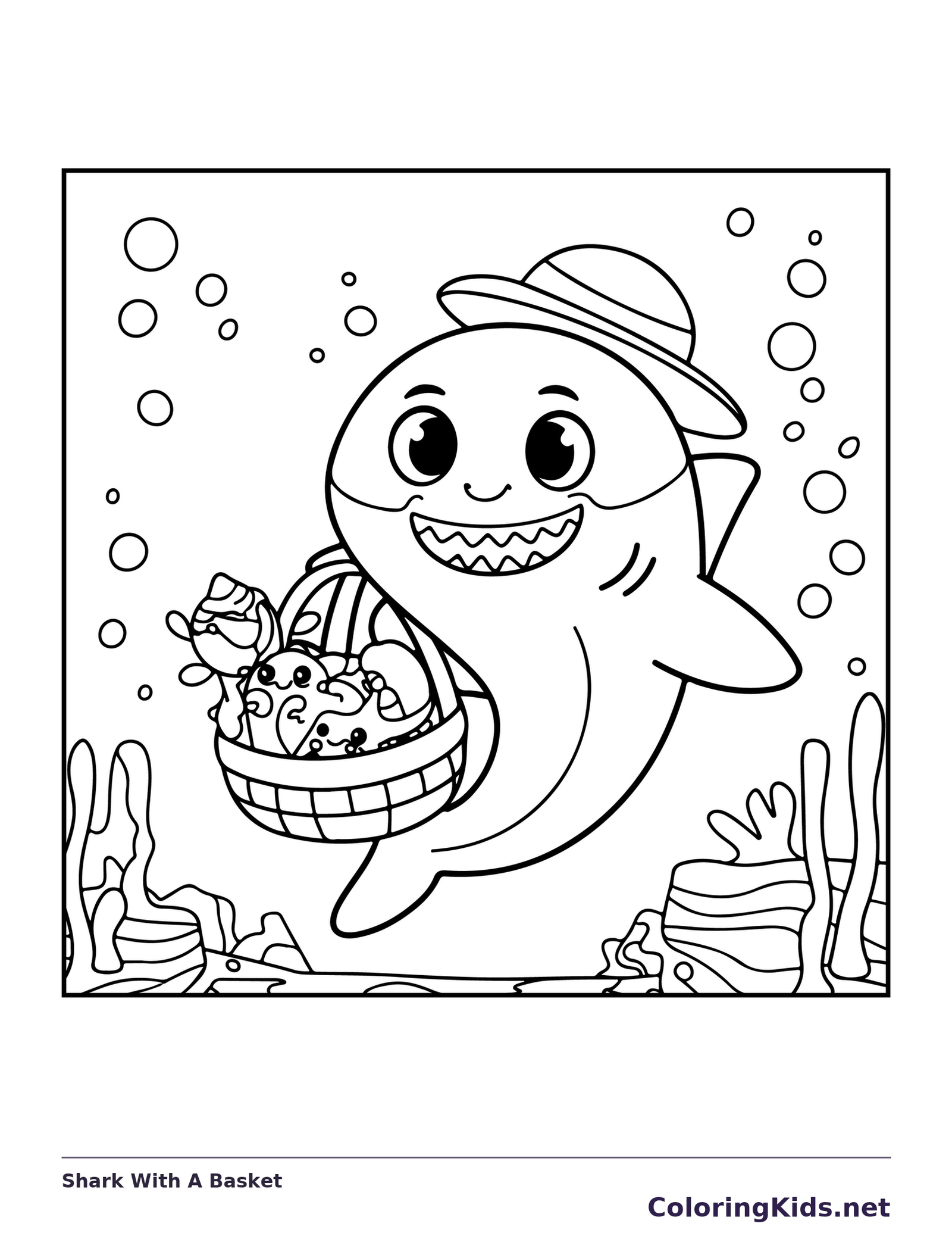 Shark With A Basket shark coloring page, black and white line art to print or color online