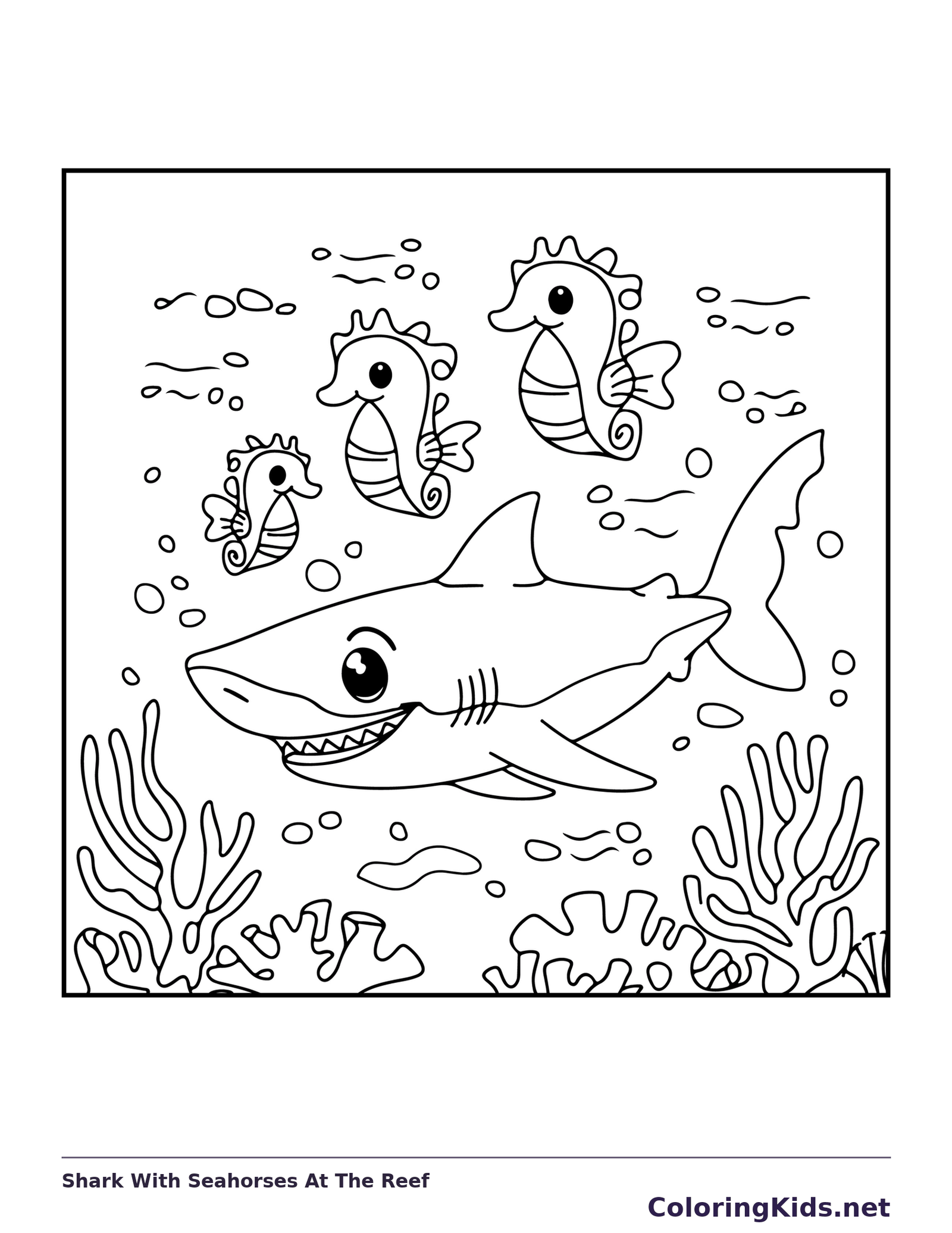 Shark With Seahorses At The Reef shark coloring page, black and white line art to print or color online