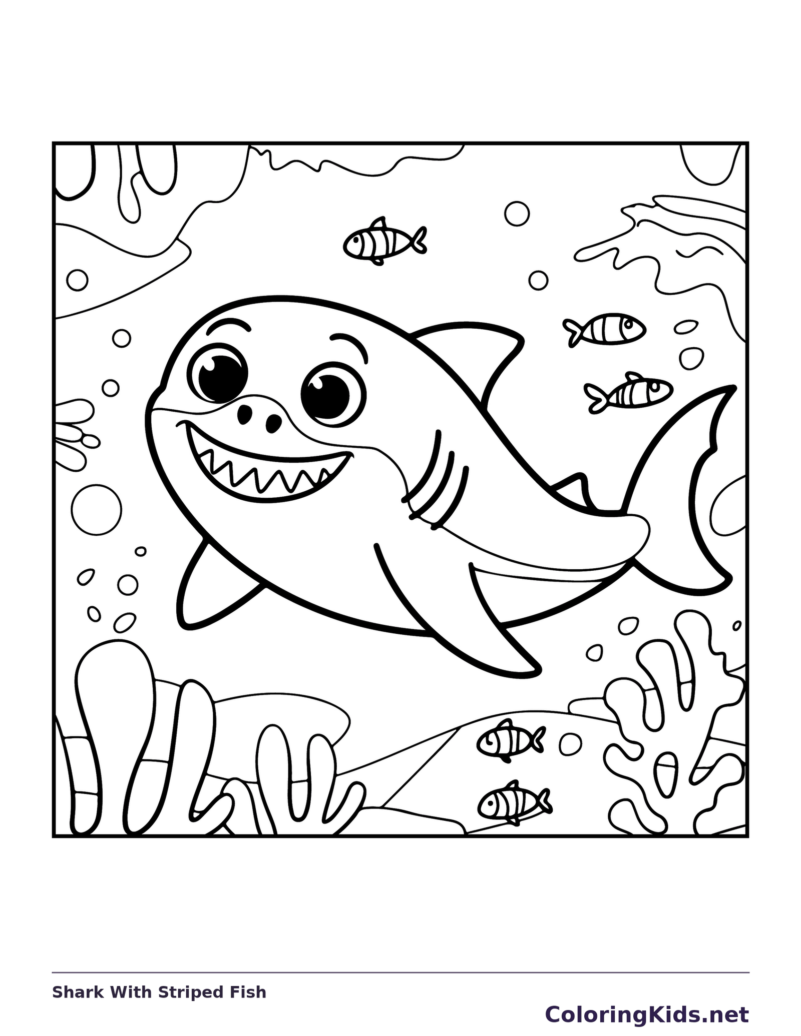 Shark With Striped Fish shark coloring page, black and white line art to print or color online