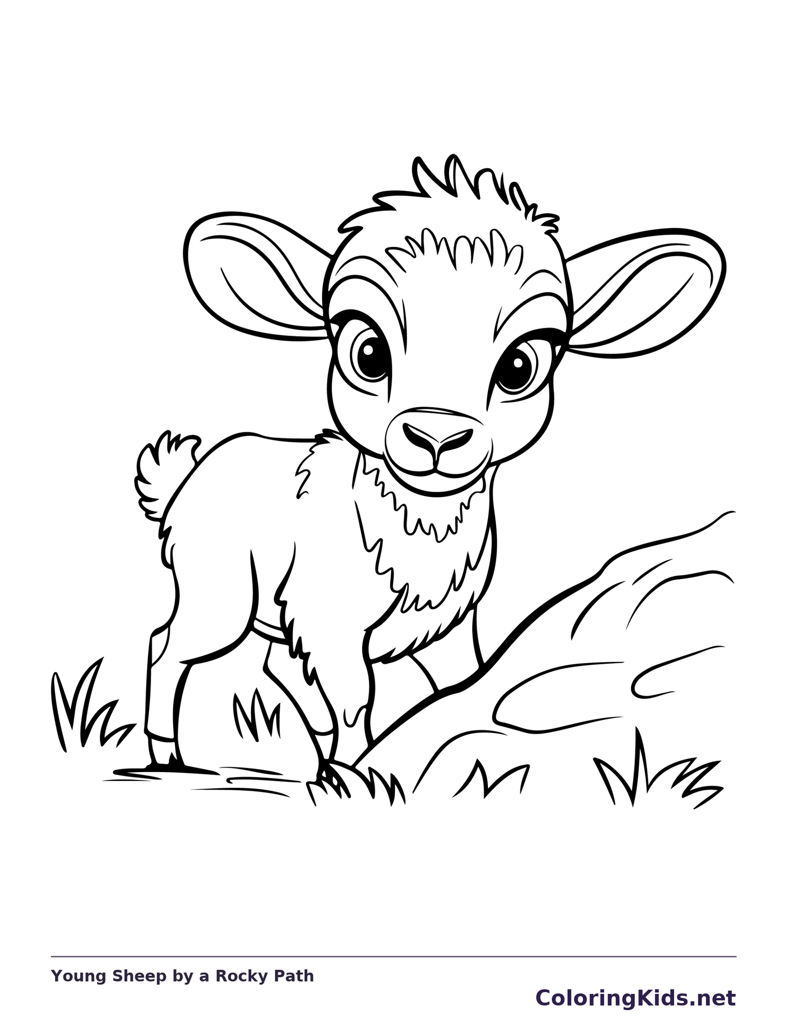 Young sheep standing near low rock with a few grass tufts
