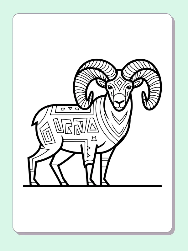 Stylized bighorn ram filled with geometric patterns and large curled horns
