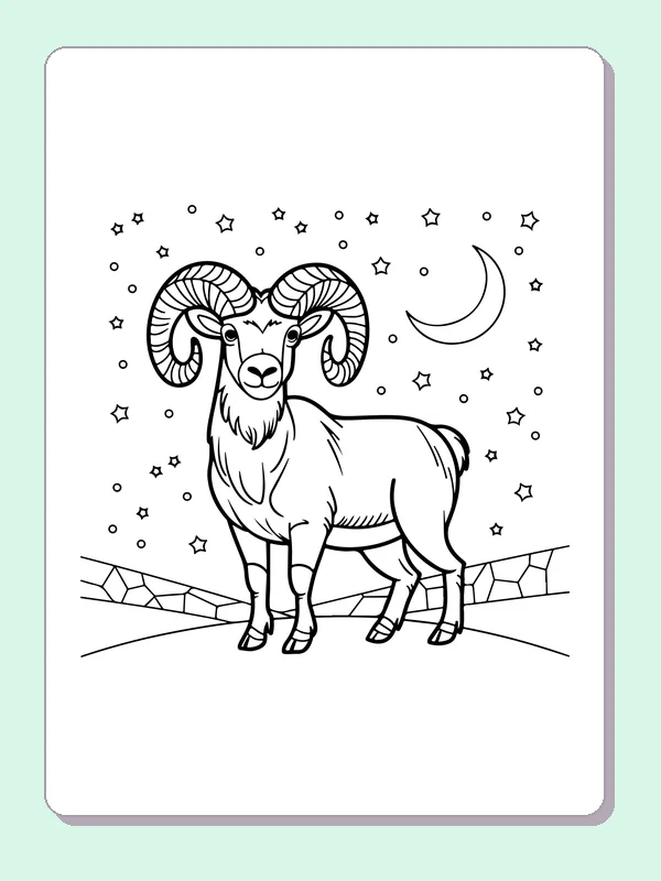 Bighorn ram standing on rocky ground under moon and starry sky