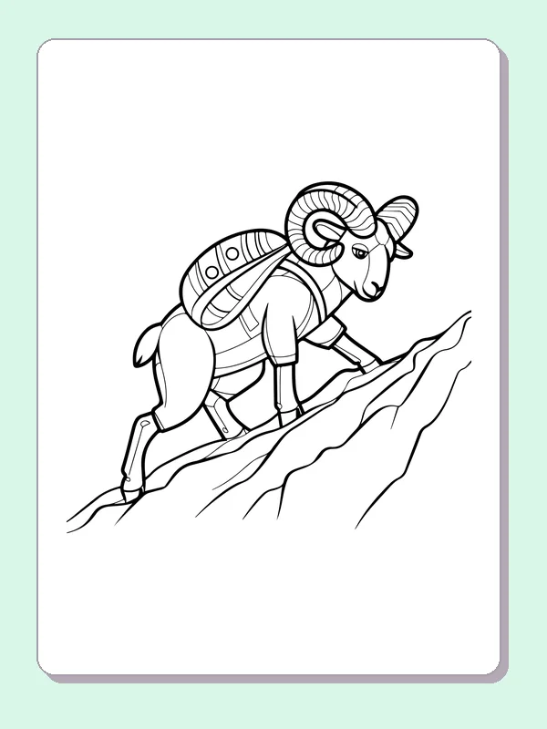 Bighorn ram with backpack climbing steep rocky mountain slope