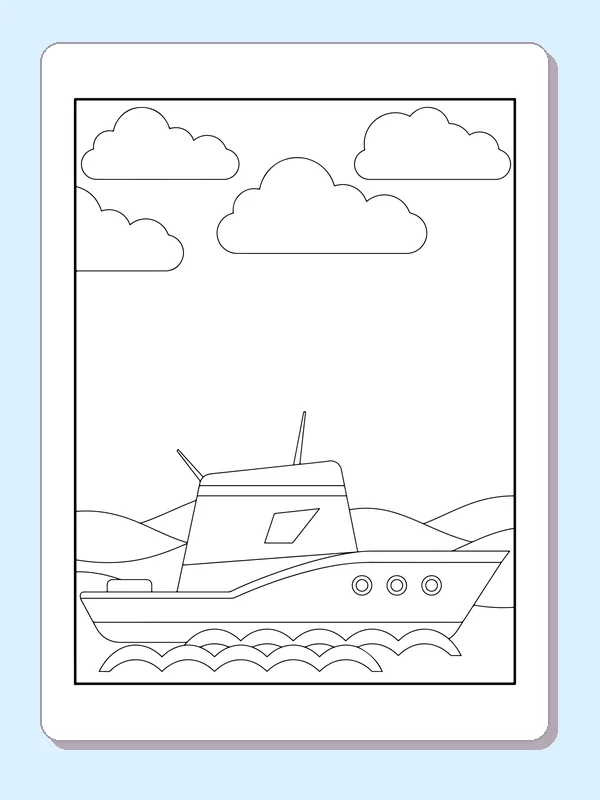 Black-and-white ship coloring page of cabin boat rising over waves. A small sloped-roof cabin boat travels over two rows of rounded wave arches. Three circular side windows break up its broad hull.