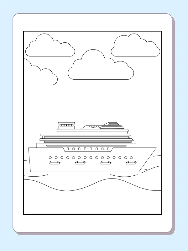 Black-and-white ship coloring page of cruise ship beneath round clouds. A multi-deck passenger ship sits beneath four rounded cloud shapes. Portholes line its broad hull above wide, gently curving water bands.