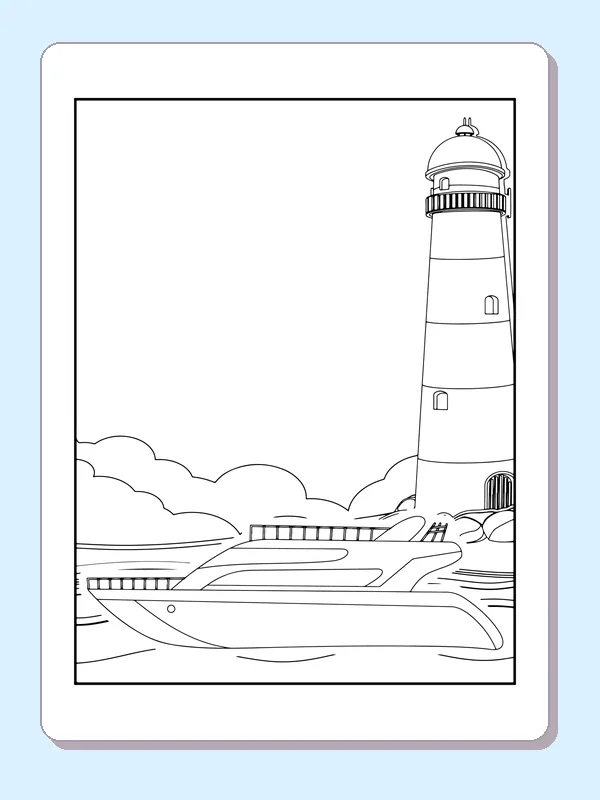 Black-and-white ship coloring page of streamlined motor vessel near a lighthouse. A low motor vessel passes a tall lighthouse with a domed top. Railings and the tower balcony add small accents to open water and sky.