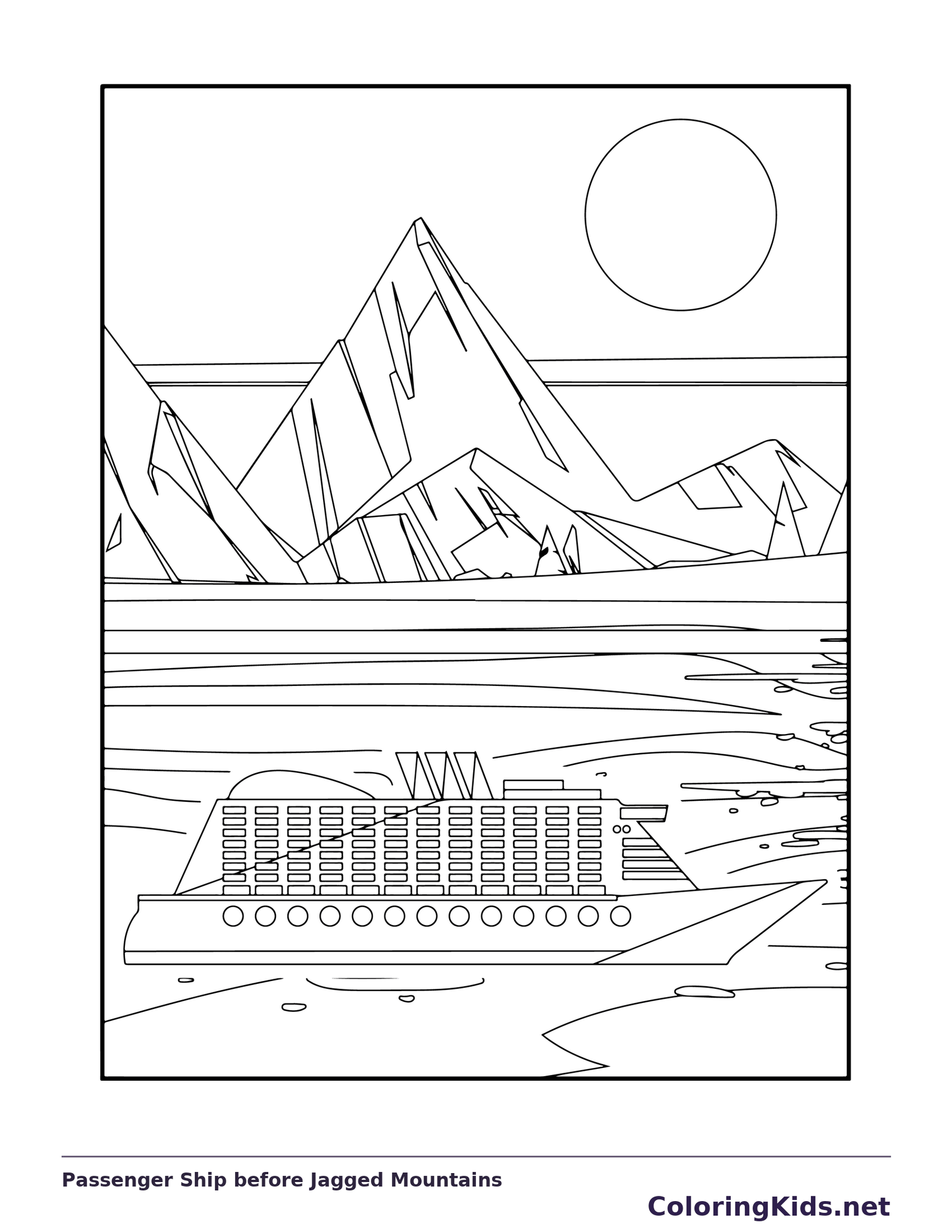 Black-and-white ship coloring page of passenger ship before jagged mountains. A passenger vessel with many cabin windows crosses water below sharp mountain peaks and a round sun. Its repeated windows need careful coloring.