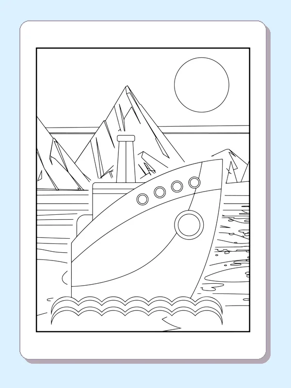 Black-and-white ship coloring page of close ship bow beneath mountain peaks. The curved bow of a large ship fills the foreground below jagged mountains and a round sun. Portholes and wave arches cross its hull.