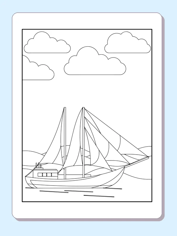 Black-and-white ship coloring page of sailboat with overlapping sails. Several triangular sails overlap above one boat's cabin and long hull. Rounded clouds and a low shoreline leave an open background.