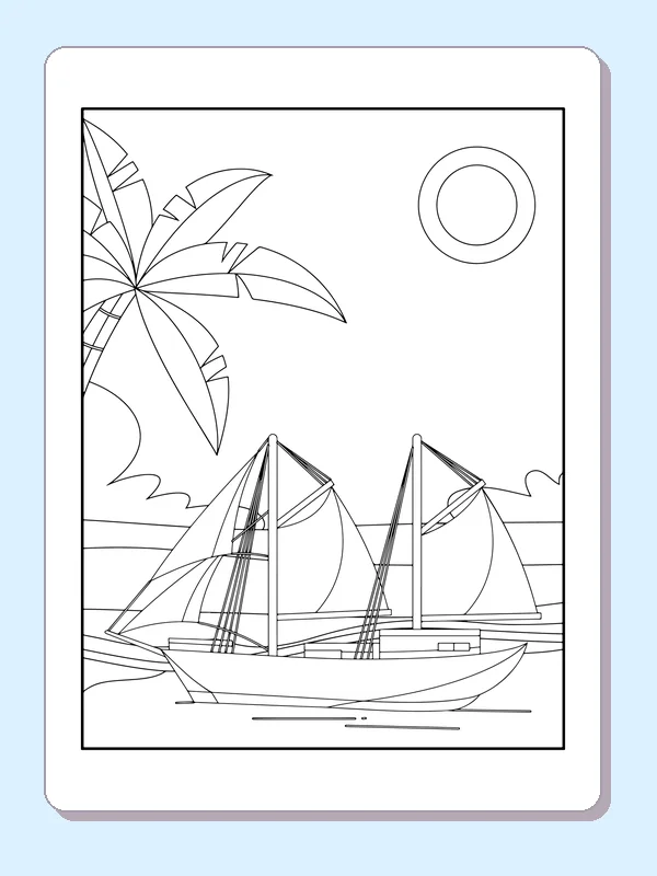 Black-and-white ship coloring page of two-masted sailboat near a palm. Two tall masts carry triangular sails and narrow rigging lines near a palm tree. A ringed sun and distant shore frame the boat.