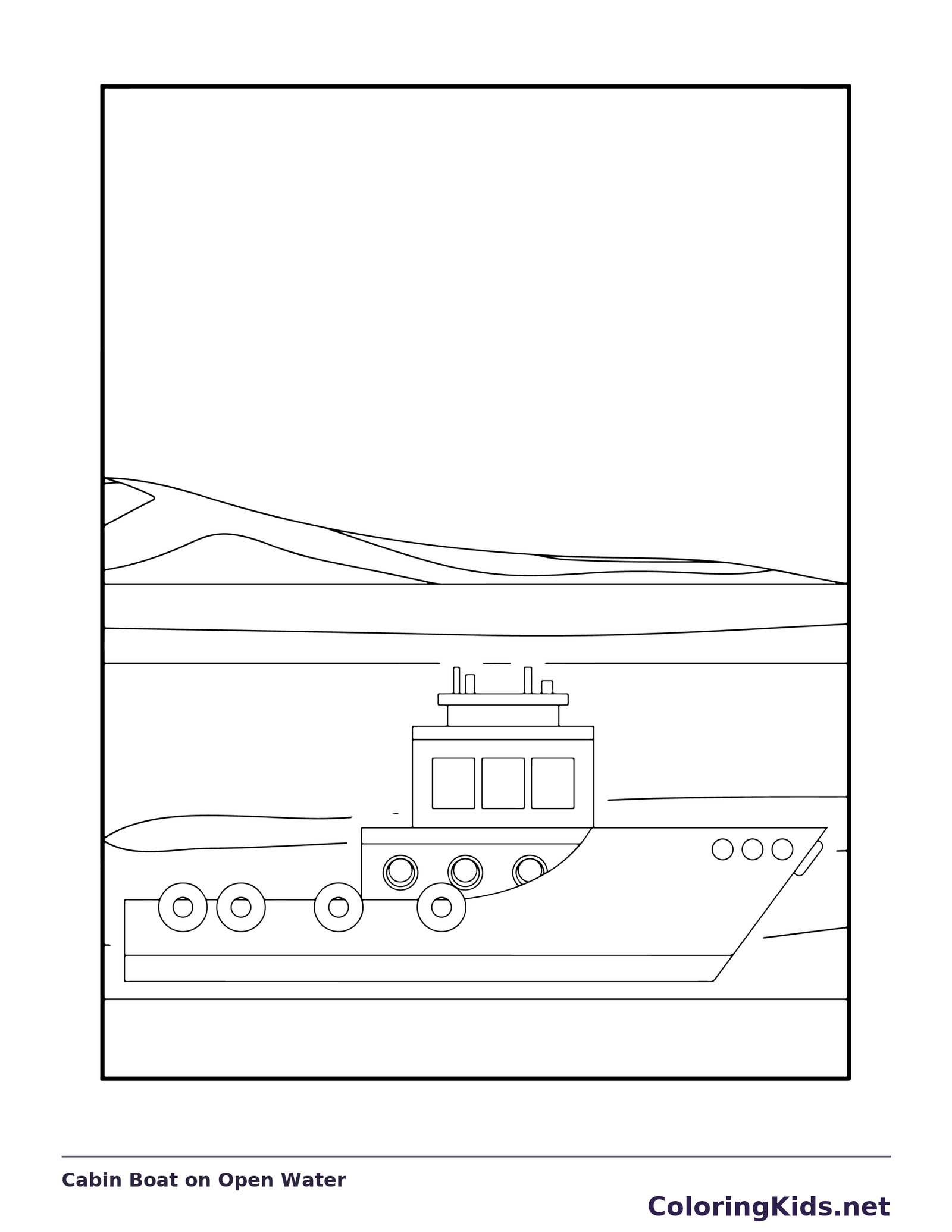 Black-and-white ship coloring page of cabin boat on open water. A low working-style boat carries a square-windowed cabin and round side openings. Distant hills and broad sky leave large spaces around it.