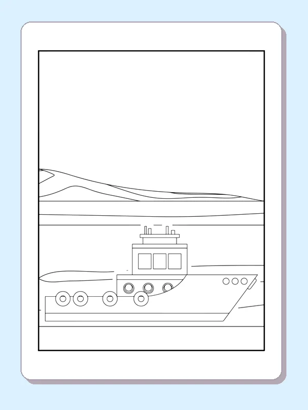 Black-and-white ship coloring page of cabin boat on open water. A low working-style boat carries a square-windowed cabin and round side openings. Distant hills and broad sky leave large spaces around it.