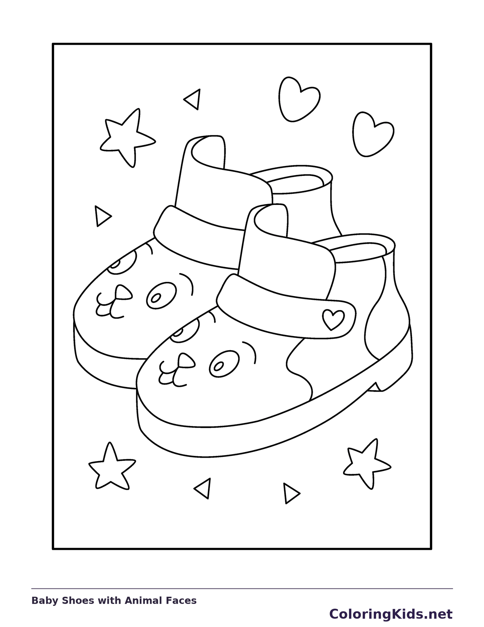 Baby Shoes with Animal Faces coloring page: black and white line art to print or color online