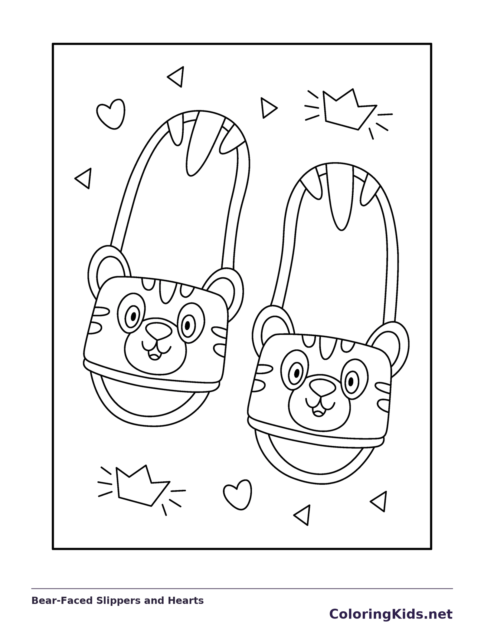 Bear-Faced Slippers and Hearts coloring page: black and white line art to print or color online