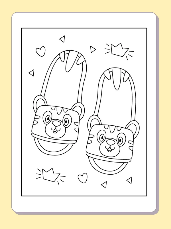 Bear-Faced Slippers and Hearts coloring page: black and white line art to print or color online