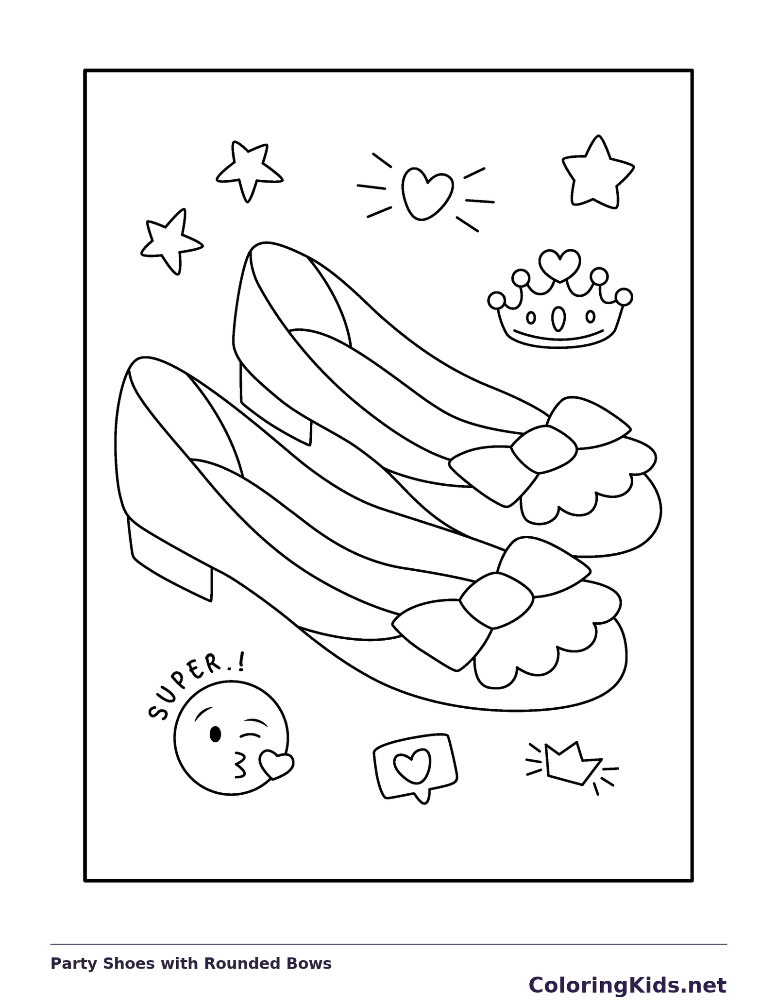 Party Shoes with Rounded Bows coloring page: black and white line art to print or color online